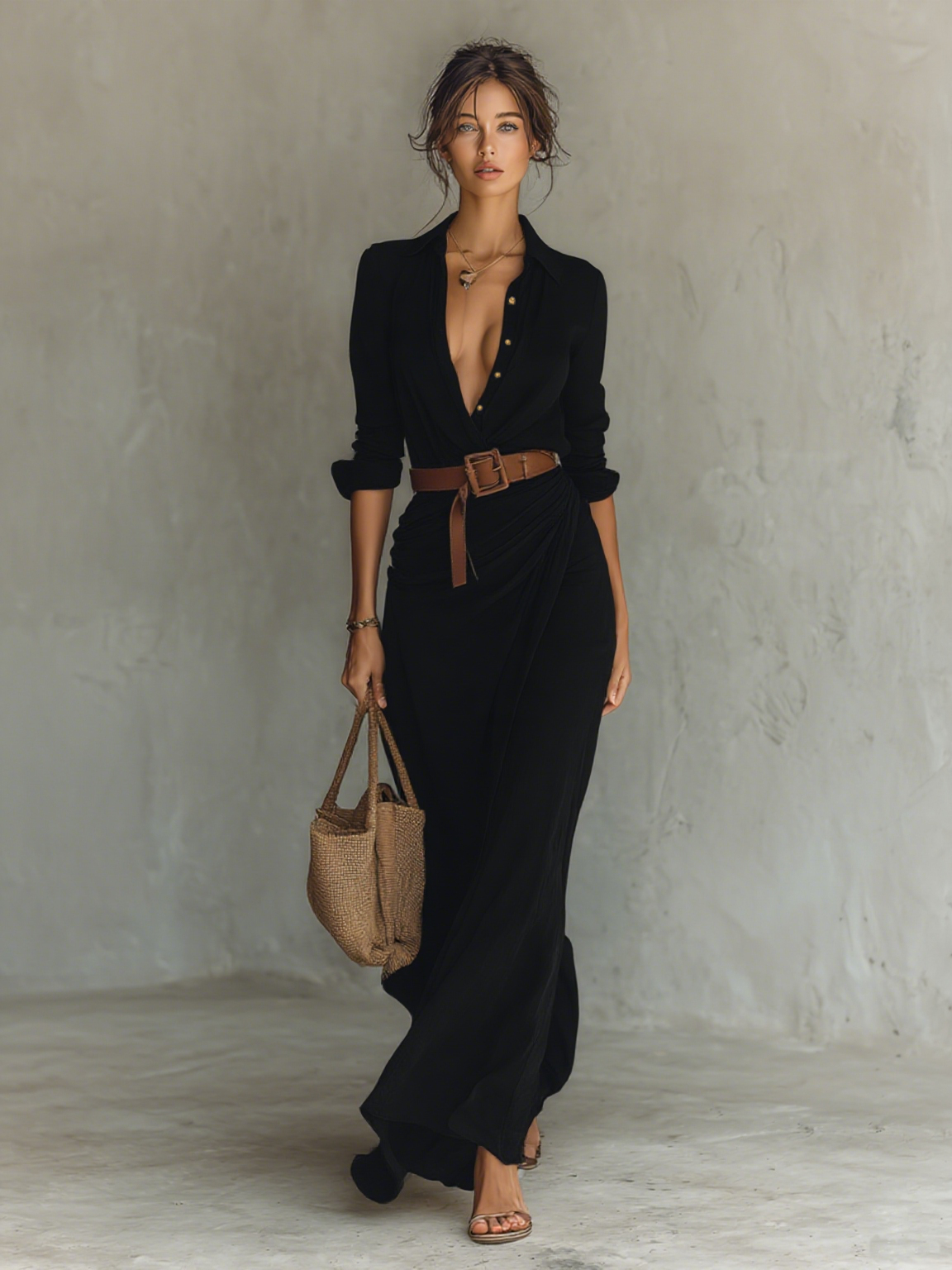 Long Maxi Dress with Notched Collar, Belt Included