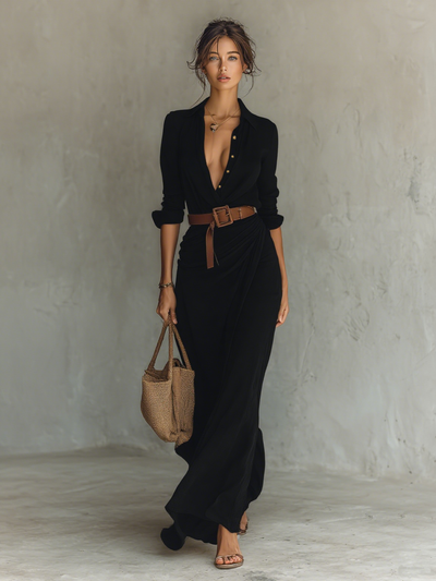 Long Maxi Dress with Notched Collar, Belt Included