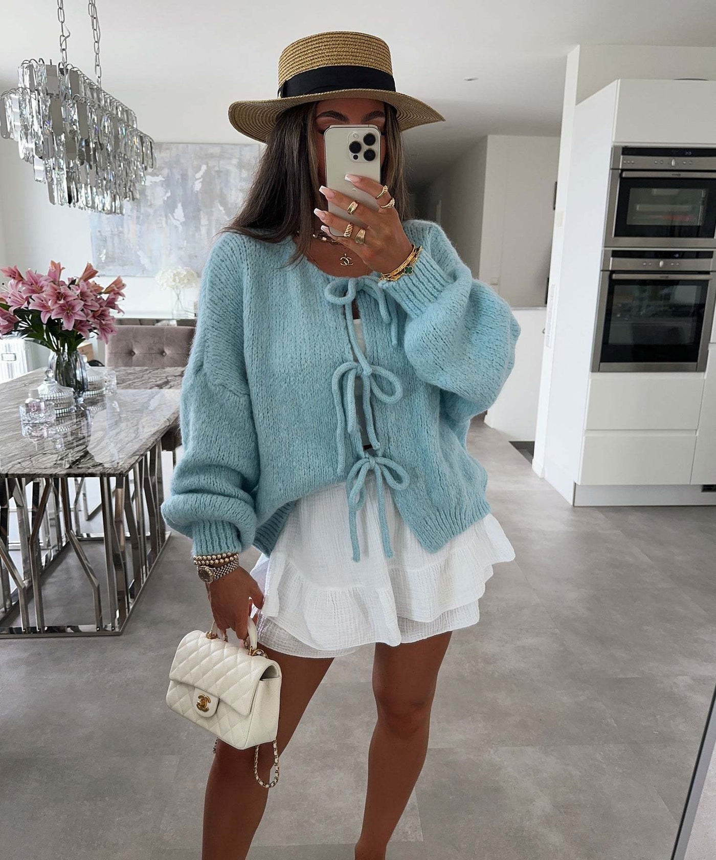 Solid Color Round Neck Lace-Up Cardigan