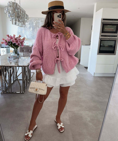 Solid Color Round Neck Lace-Up Cardigan