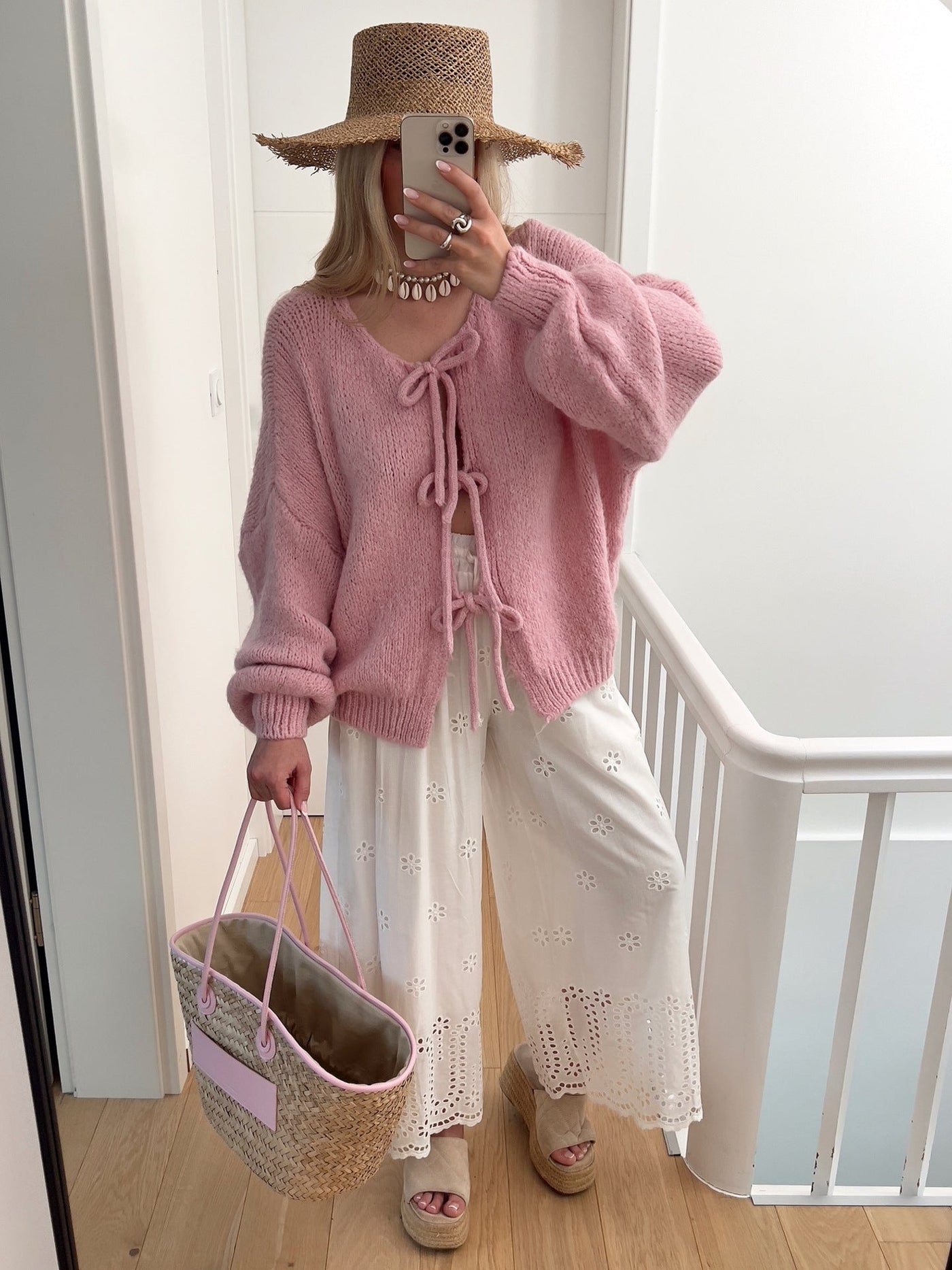 Solid Color Round Neck Lace-Up Cardigan