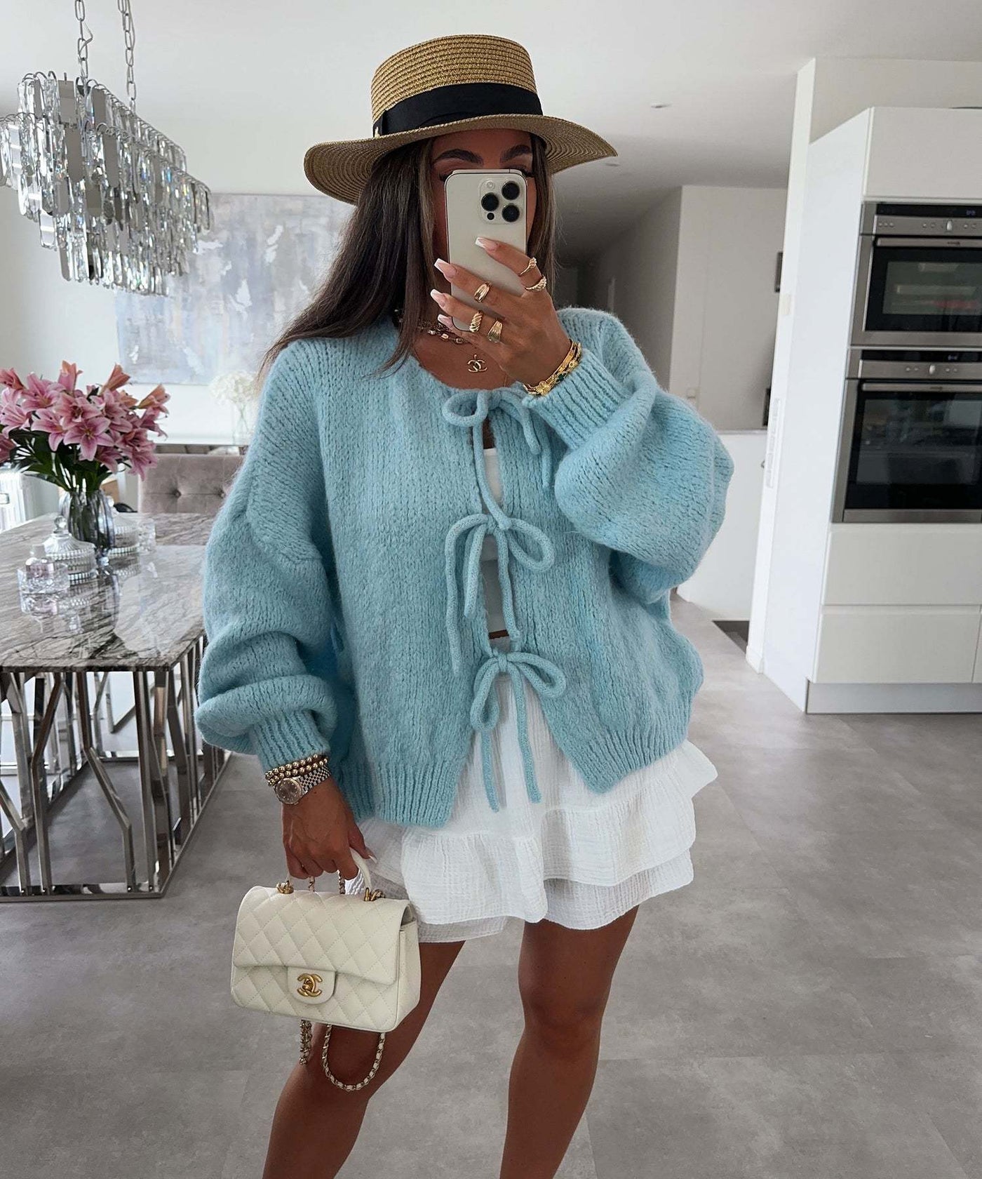 Solid Color Round Neck Lace-Up Cardigan
