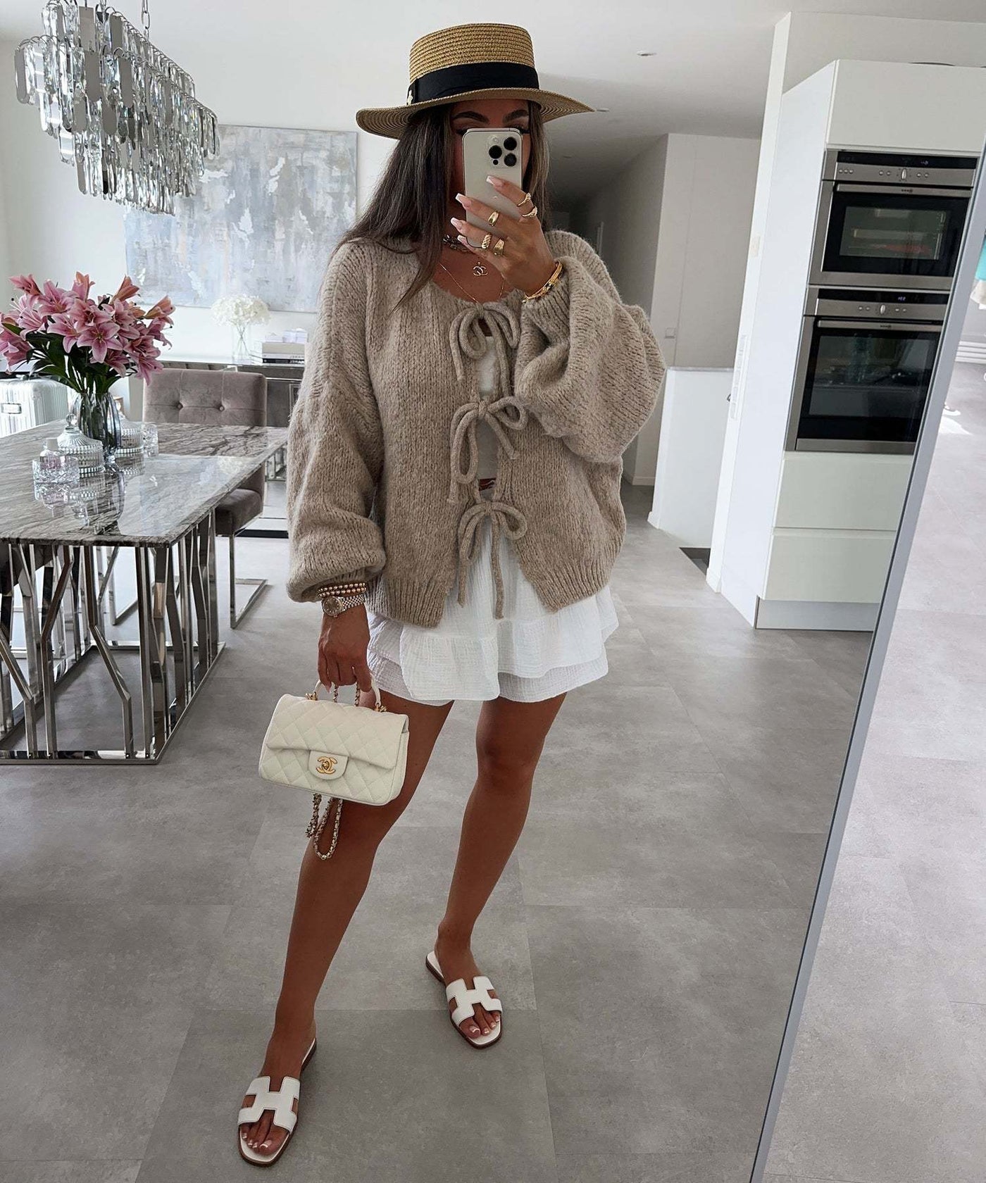 Solid Color Round Neck Lace-Up Cardigan