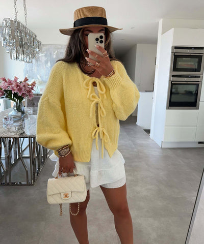 Solid Color Round Neck Lace-Up Cardigan