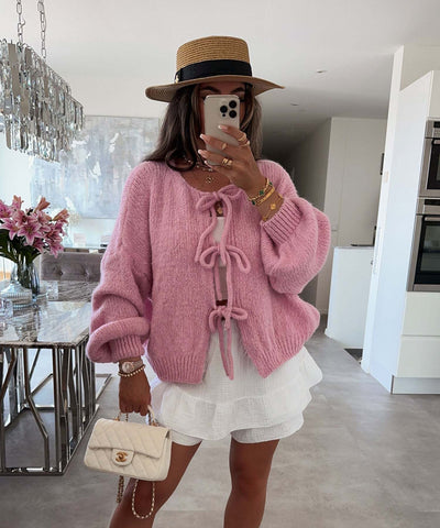 Solid Color Round Neck Lace-Up Cardigan