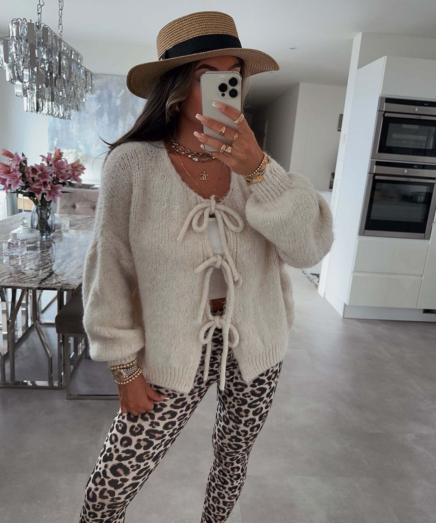 Solid Color Round Neck Lace-Up Cardigan