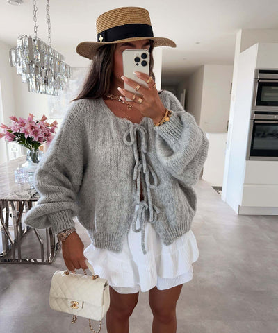 Solid Color Round Neck Lace-Up Cardigan