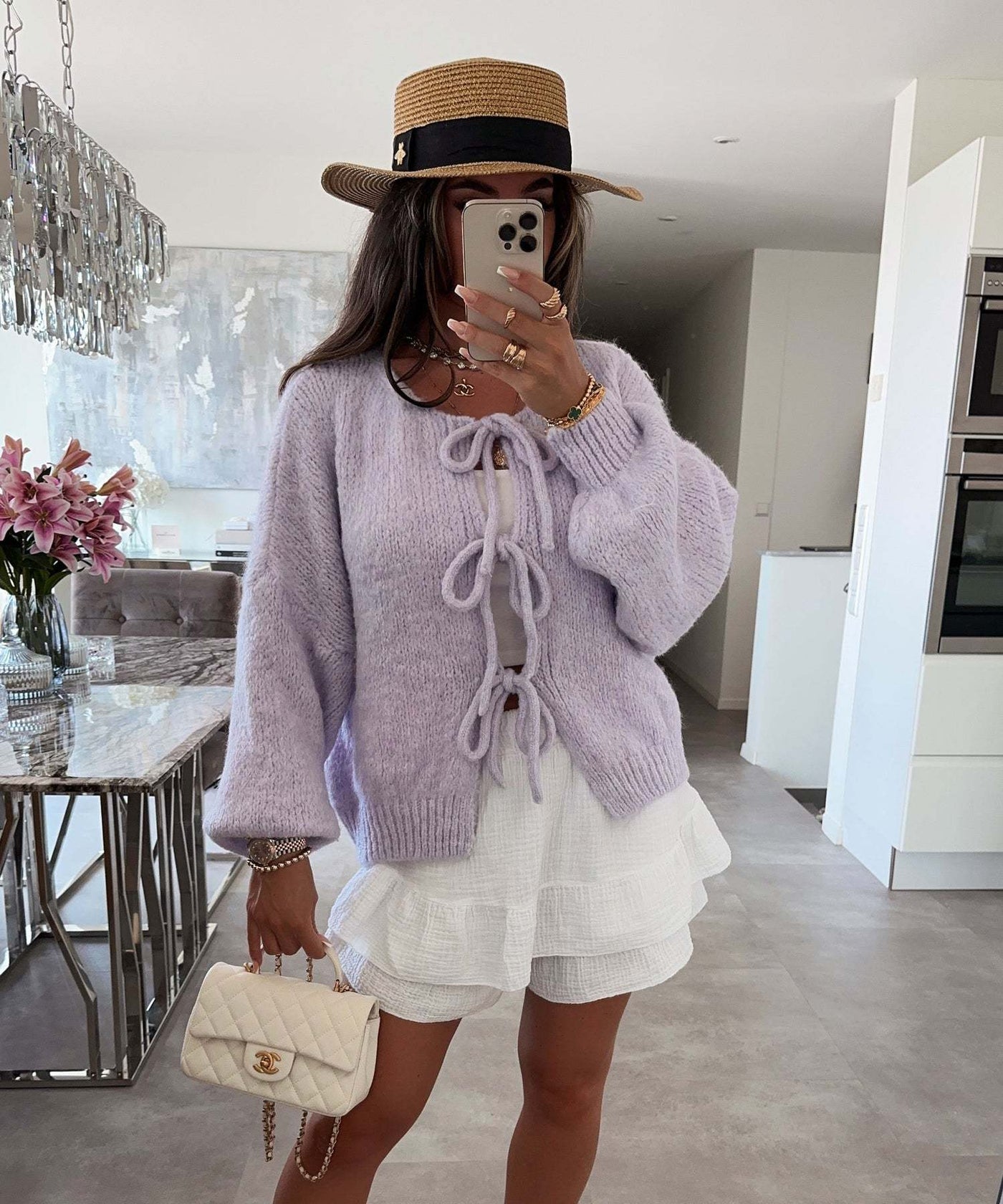 Solid Color Round Neck Lace-Up Cardigan