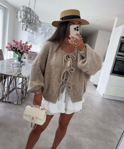 Solid Color Round Neck Lace-Up Cardigan