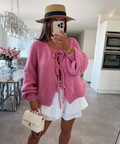 Solid Color Round Neck Lace-Up Cardigan