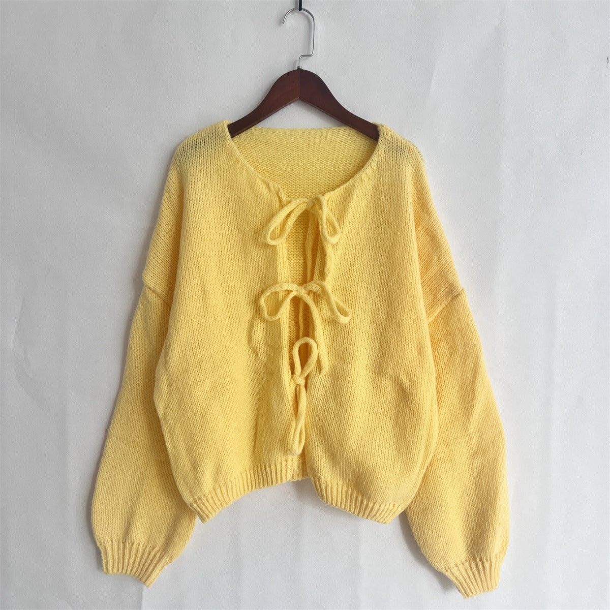 Solid Color Round Neck Lace-Up Cardigan