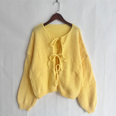 Solid Color Round Neck Lace-Up Cardigan
