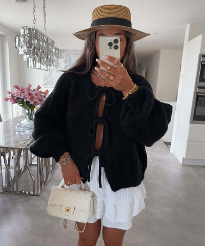 Solid Color Round Neck Lace-Up Cardigan