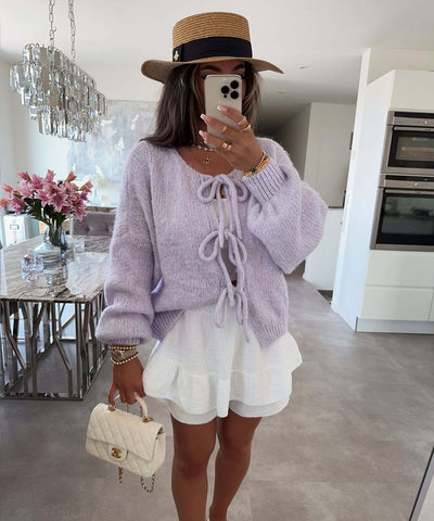 Solid Color Round Neck Lace-Up Cardigan
