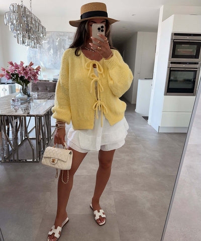 Solid Color Round Neck Lace-Up Cardigan