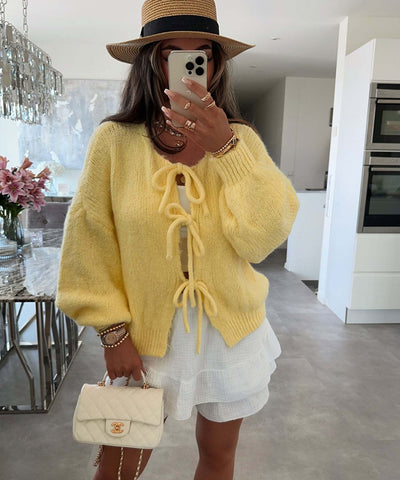 Solid Color Round Neck Lace-Up Cardigan
