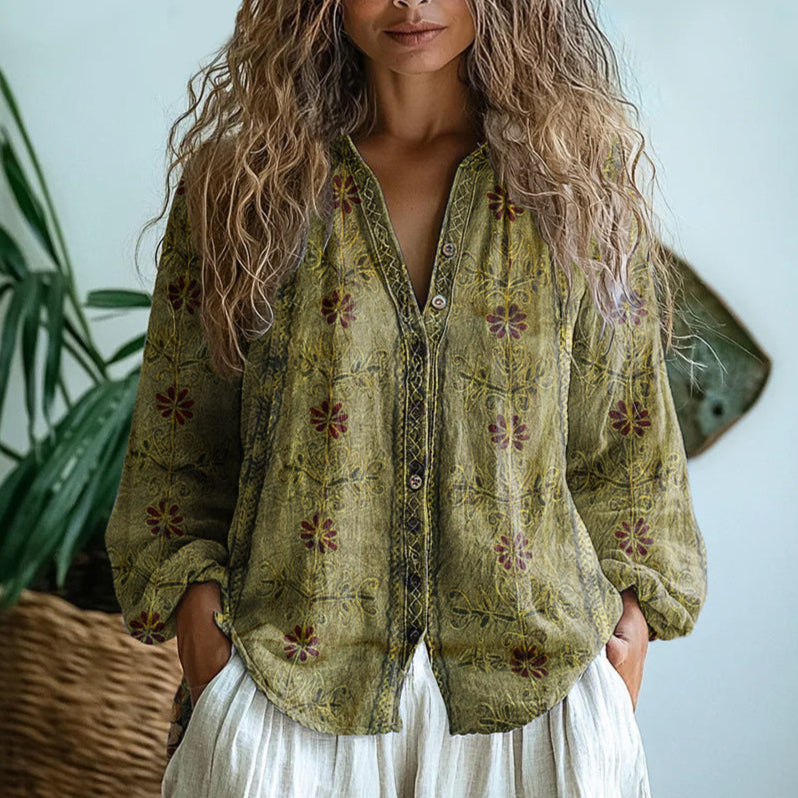 Ambre Vintage Blouse with Leaf Print