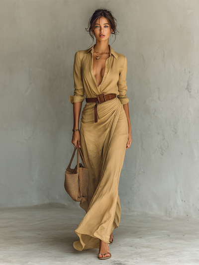 Long Maxi Dress with Notched Collar, Belt Included