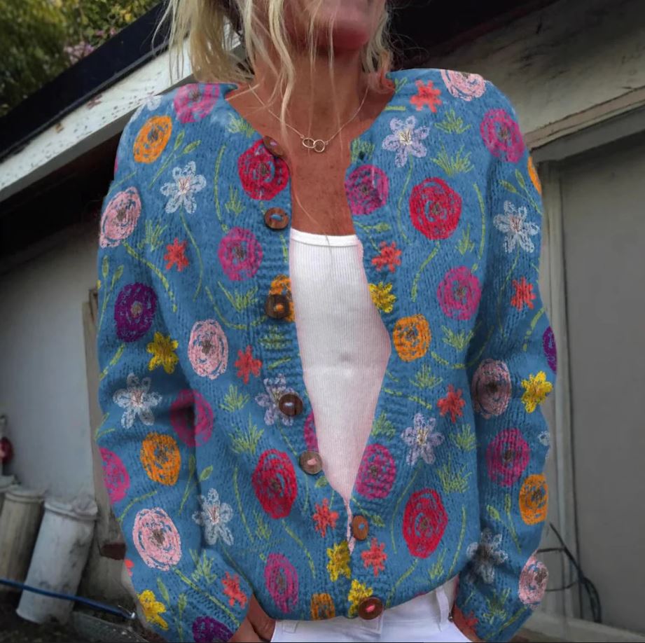 Tilda | Blue Cardigan with Floral Pattern