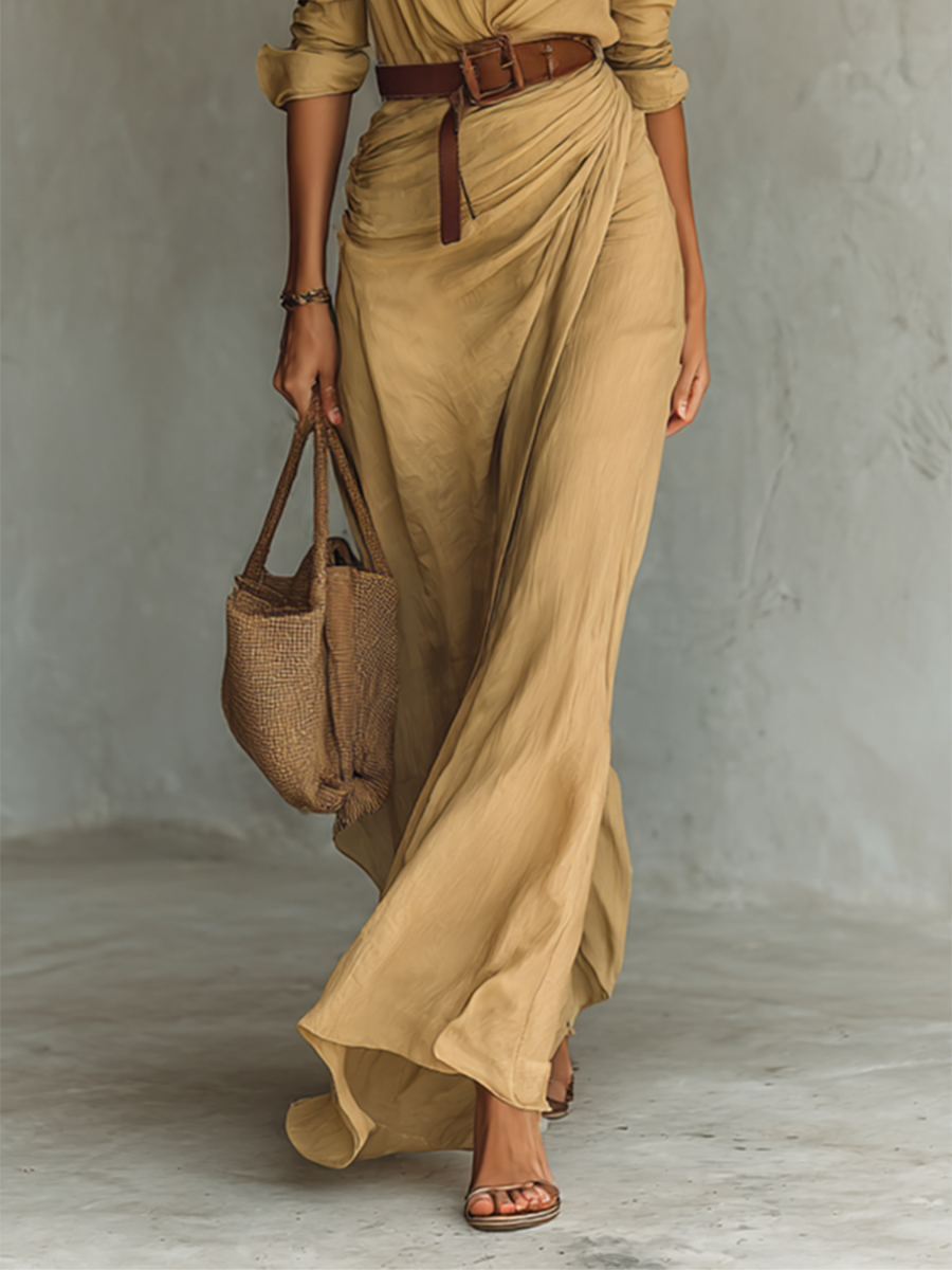 Long Maxi Dress with Notched Collar, Belt Included