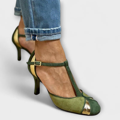 Alona - Dekolleté Patchwork mit T-Strap und geschlossener Zehe
