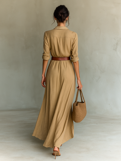 Long Maxi Dress with Notched Collar, Belt Included