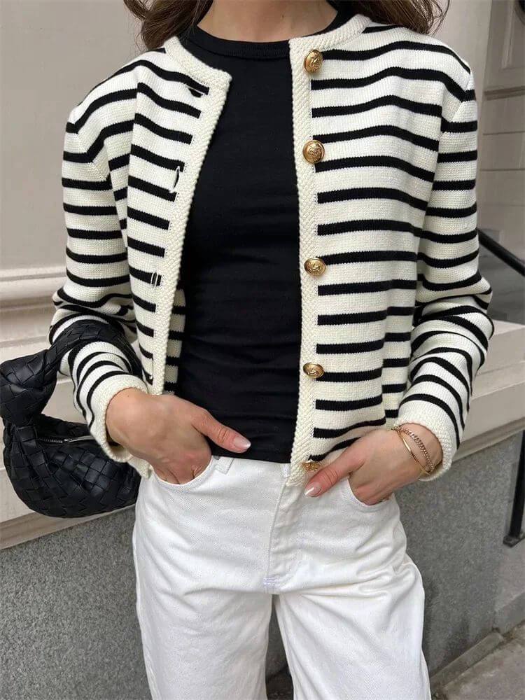 Vintage Striped Round Neck Knit Cardigan Jacket