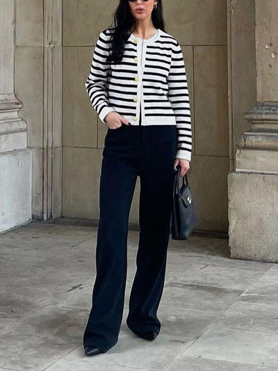 Vintage Striped Round Neck Knit Cardigan Jacket